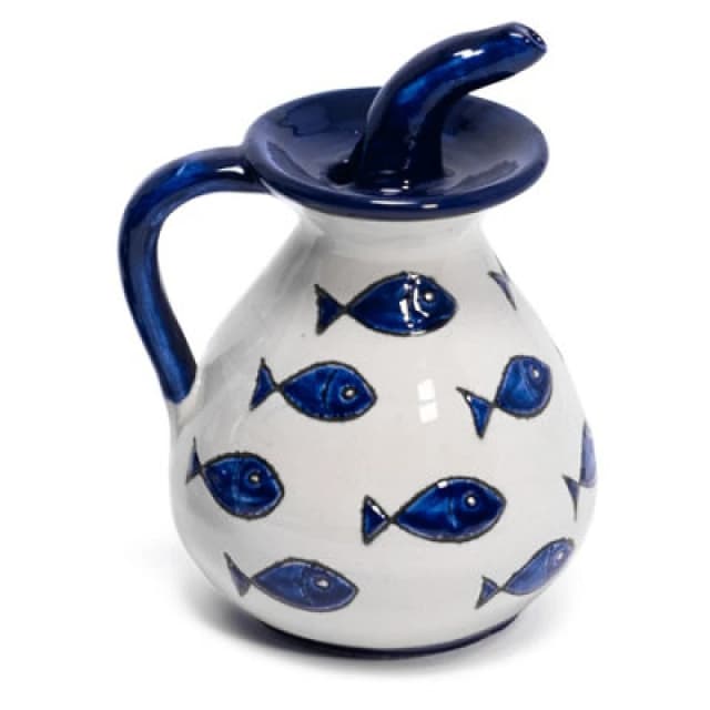 Verano Spanish Ceramics Signature Hand Painted Blue Fish Ceramic Kitchen Dining Fluted Pourer Dispenser (H) 16Cm