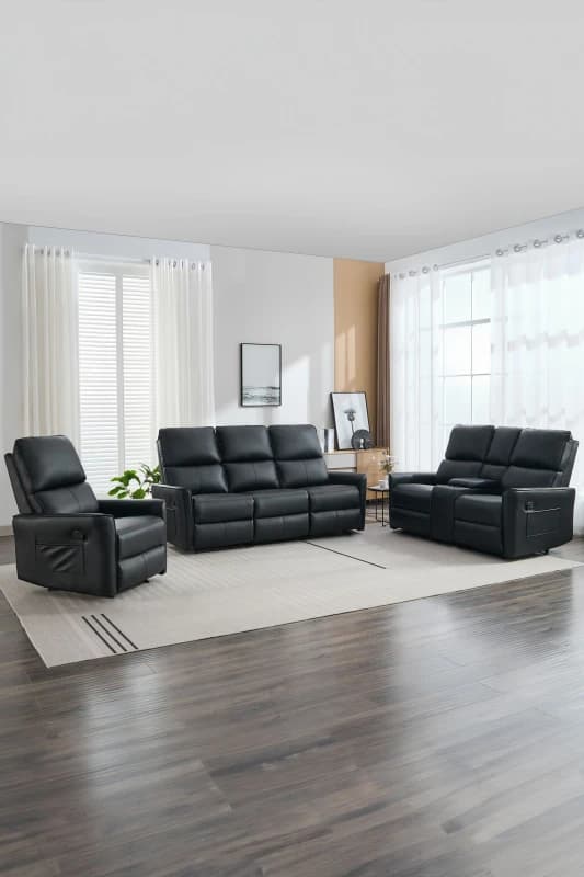 More4Homes Madrid 1+2+3 Seater W Console Manual Air Leather Recliner Sofa Set Black