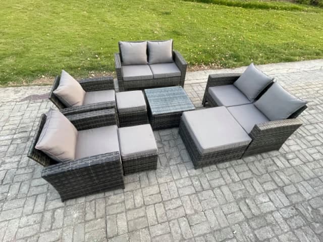 Fimous Outdoor Garden Furniture Sets 8 Pieces Wicker Rattan Furniture Manual Wicker Patio Sofa Set with 3 Footstools in Dark Grey Dark Grey Unisex