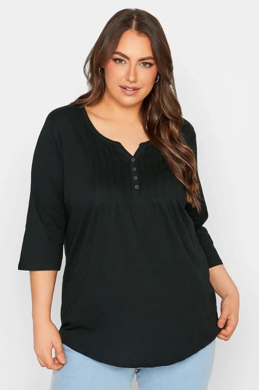 Yours Womens Pintuck Henley Cotton Top in Black Size: 14 Black Female 14