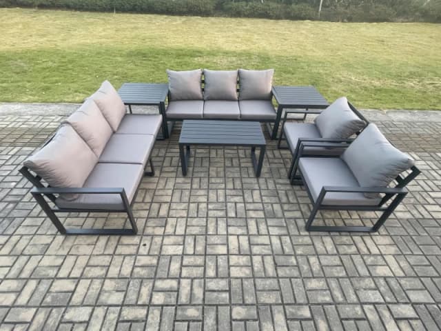 Fimous Aluminium 7 Pieces Garden Furniture Set with Cushions 8 Seater Outdoor Patio Lounge Sofa Set with 2 Armchairs 2 Side Tables Dark Grey Dark Grey