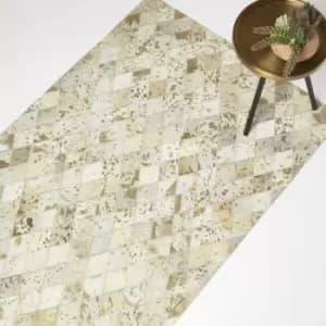 Homescapes - Gold & Grey Geometric Diamond Leather Rug, 90 x 150cm - Grey, Gold