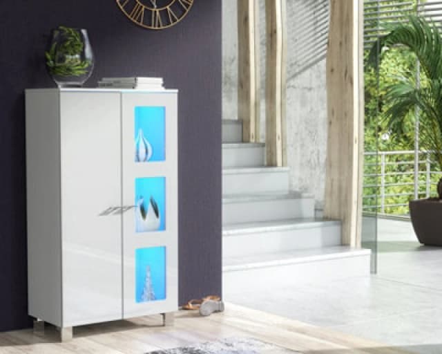 Furneo White Sideboard Cabinet Modern High Gloss &matt Cupboard Blue LED Lights Mia 02