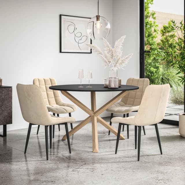 More4Homes Malvern Round Dining Table And Chairs - Black Table Top W Solid Oak Legs + Nova Velvet Dining Chair Set Of 4 (Beige)