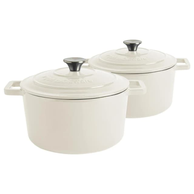 Argon Tableware 2x Round Cast Iron Casserole Dishes with Self-Basting Lid 4.5L in Off-White Off-White Unisex