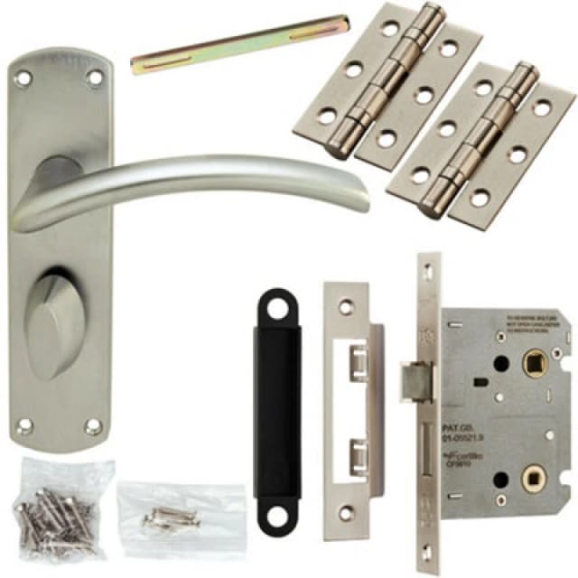 Loops Door Handle & Bathroom Lock Pack Satin Chrome Arched Lever Thumb Turn Backplate Multi