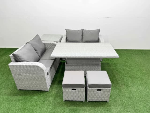 Fimous 6 Seater Outdoor Love Sofa Set Rattan Garden Furniture Set with Adjustable Lifting Dining or Coffee Table 2 Small Stools Side Table Light Grey