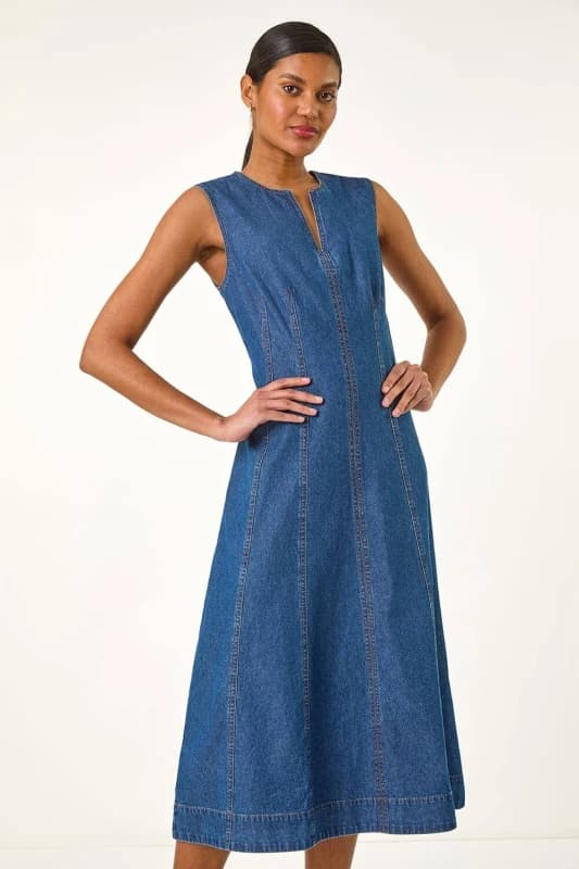 Roman Womens Panel Detail Midi Dress in Mid Blue Size: 14 Mid Blue Female 14