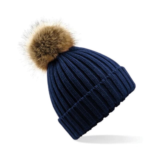 Beechfield Beechfield Men Pom Pom Faux Fur Chunky Knit Beanie in Navy Navy One Size Male 5063425299829