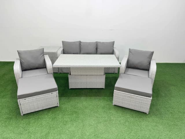 Fimous PE Rattan Garden Furniture Set Reclining Chair Sofa Lounge Sofa Set Adjustable Lifting Dining or Coffee Table Side Table 2 Big Footstool Light