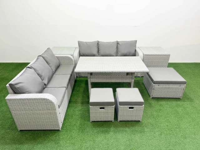 Fimous Outdoor Garden Furniture Sets 9 Seater Wicker Rattan Furniture Sofa Sets with Rectangular Dining Table high Back Lounge Sofa 3 Stools 2 Side Ta