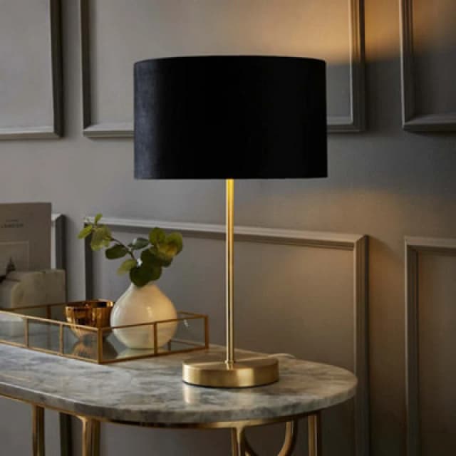 ValueLights ValueLights Charlie Gold Stem Table Lamp with Velvet Drum with Gold Inner Lamp Shade in Black One Size Unisex 5059406060694
