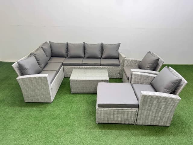 Fimous 9 Seater Garden Outdoor PE Rattan Furniture Set with Big Stool 2 Chair in Light Grey Light Grey Unisex