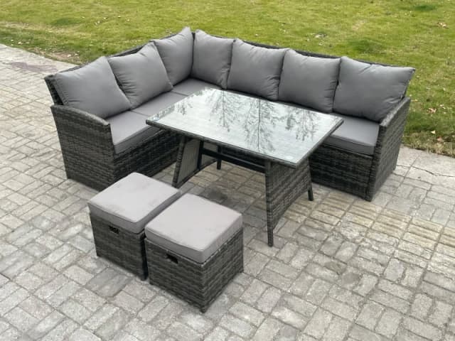 Fimous Wicker Rattan Garden Furniture Corner Sofa Set with Oblong Dining Table 2 Small Footstools 8 Seater Dark Grey