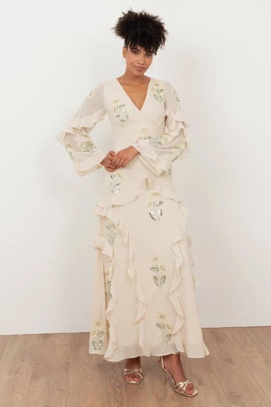 Maya Deluxe Womens Embellished Long Sleeve Ruffle Maxi Dress in Nude Size: 8 Nude Female 8