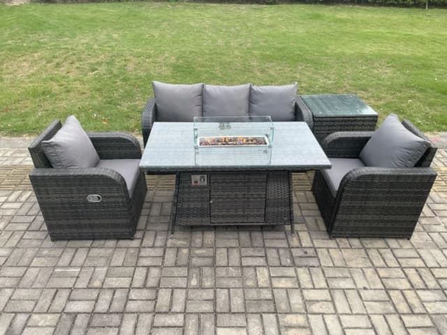 Fimous Outdoor Rattan Garden Furniture Set Propane Gas Fire Pit Table Burner with Lounge Sofa Side Table Dark Grey