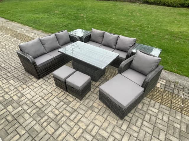 Fimous PE Rattan Outdoor Garden Furniture Sets Height Adjustable Rising lifting Dining Table Sofa Set with 2 Side Tables Reclining Chair Dark Grey