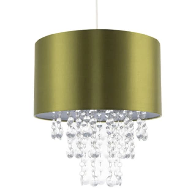 Happy Homewares Modern Olive Green Satin Fabric Pendant Shade With Clear Acrylic Drops