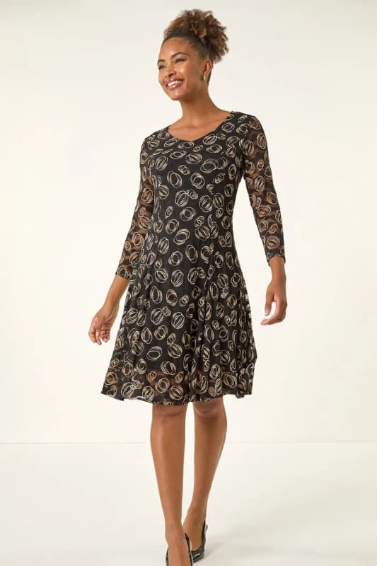 Roman Womens Geo Print Lace Stretch Dress in Black Size: 12 Black Female 12