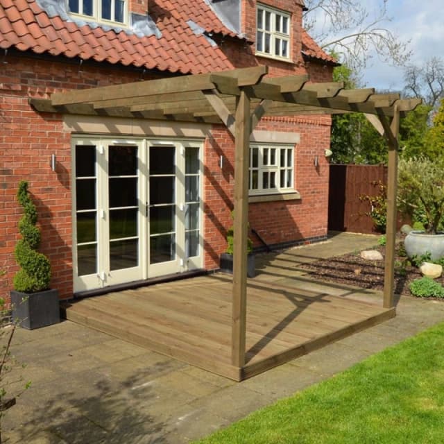 Rutland County Garden Furniture Ltd Wall Mounted Pergola & Decking Kit, L240 x W240 cm, Rustic Brown Brown Unisex