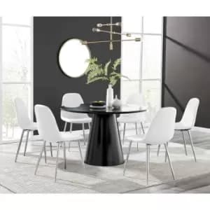 Furniture Box Palma Black Semi Gloss Round Dining Table and 6 White Corona Silver Chairs