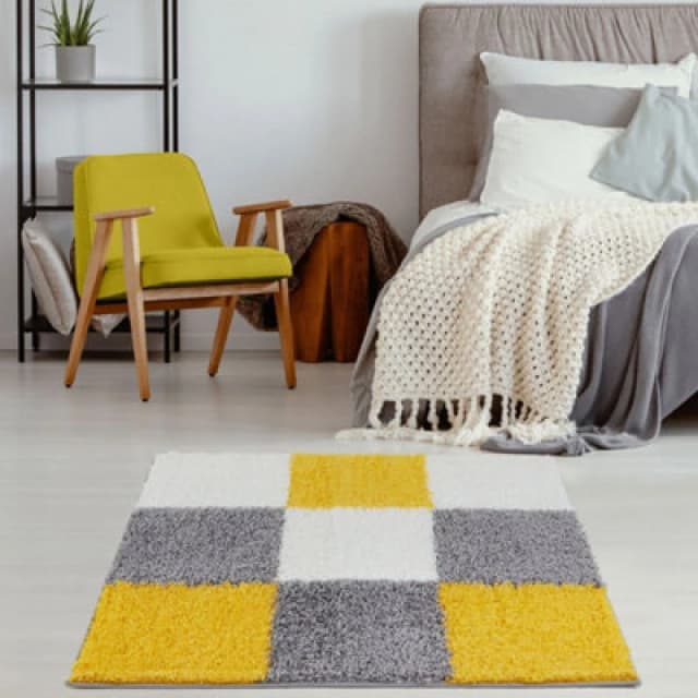 THE RUGS Fluffy & Soft Shaggy Rugs Living Room Rug in Yellow - Elegant Geometric Design Carpets For Bedrooms & Kitchen 381 Size: 120cm x 120cm Y