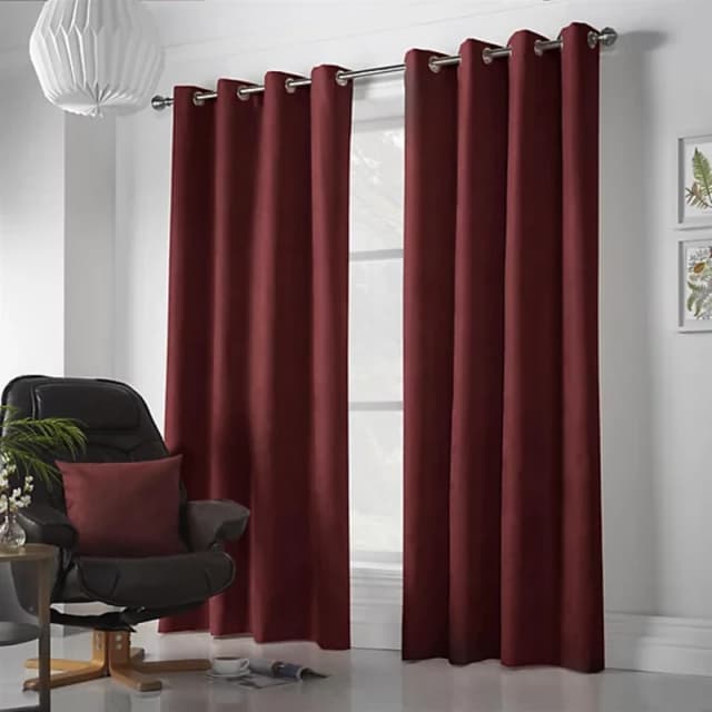 Velvet Chenille Ready Made Eyelet Curtains Red