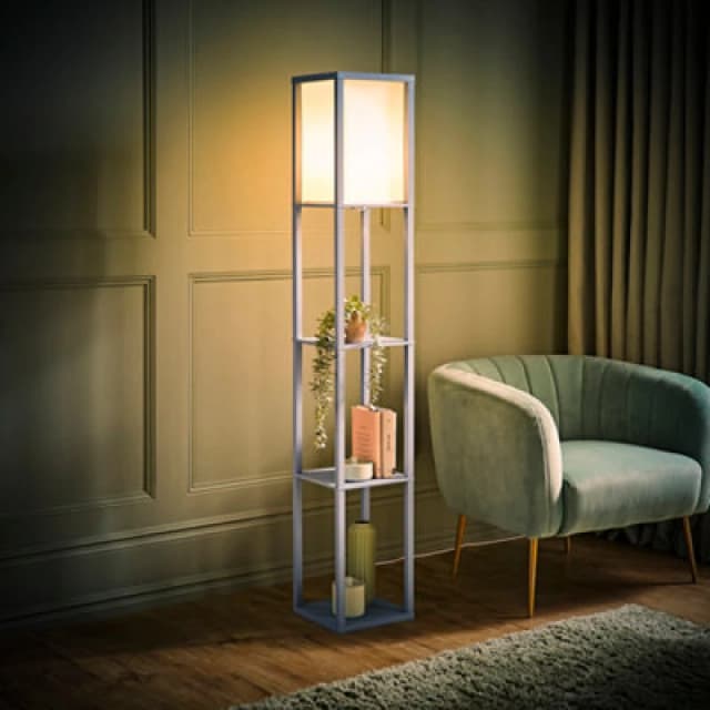 ValueLights ValueLights Struttura Pastel Wooden Shelving Floor Lamp with Fabric Shade and Bulb in Baby Blue Baby Blue One Size Unisex 5059406065897