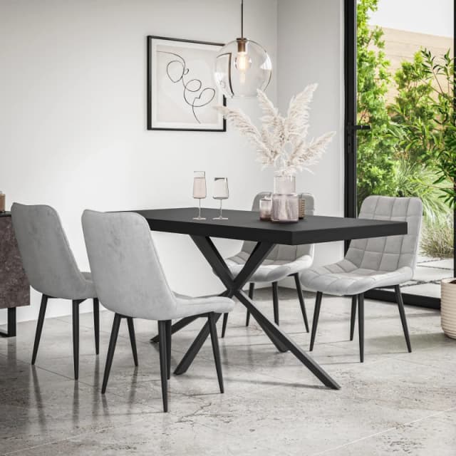 More4Homes Donni Dining Table And Chairs - Black Table Top W Black Legs + Nova Velvet Dining Chair Set Of 4 (Grey)