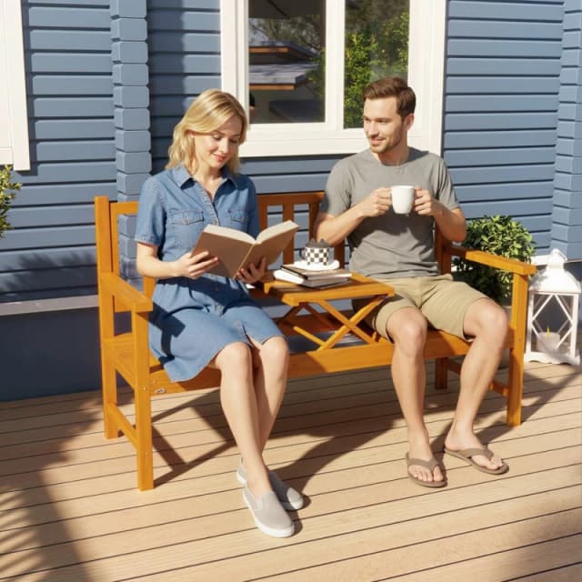 OUTSUNNY Outdoor Bench with Liftable Middle Table, 153cm Wood Garden Bench in Light Brown Light Brown Unisex
