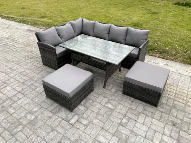 Fimous 8 Seater Outdoor Rattan Garden Furniture Set with Rectangular Dining Table 2 Big Footstool Patio Wicker Corner Sofa Set in Dark Grey Dark Grey