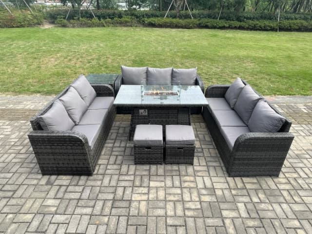 Fimous Rattan Furniture Garden Dining Set Gas Fire Pit Table With Side Table Lounge Sofa 2 Small Footstools Dark Grey Mixed Dark Grey