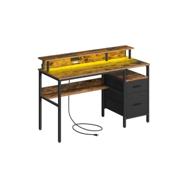 Songmics Workstation Desk, With LED Lighting And Power Connectivity, Corner Desk, With Shelf, USB Ports, And Drawers, Rustic Brown