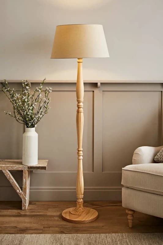ValueLights Victoria Light Wood Traditional Stem Floor Lamp with Fabric Tapered Shade Cream