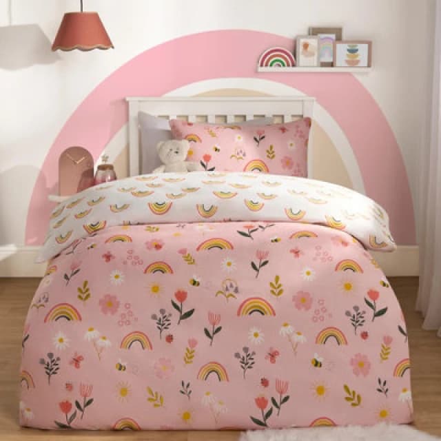 OHS OHS Floral Duvet Cover Bedding Set Pillowcases Rainbow Revesible Quilt in Pink Size: Single Pink Single Unisex 5027434205240