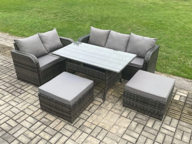 Fimous Outdoor Garden Patio Furniture Wicker Rattan Oblong Rectangular Dining Table & Lounge Sofa set with 2 Big Footstool Dark Grey Mixed Dark Grey U