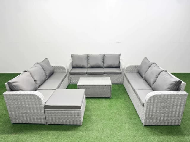 Fimous PE Rattan Lounge Sofa Set 10 Seater Outdoor Garden Furniture Set with Rectangular Coffee Table 3 Seater Sofa Big Footstool Light Grey Light Gre