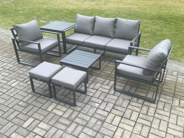 Fimous Aluminium 7 Seater Outdoor Lounge Sofa Set Garden Furniture Sets with Square Coffee Table 2 Chairs 2 Small Footstools Side Table Dark Grey Dark