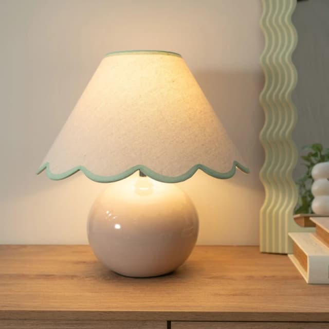 ValueLights Bosco Natural Stone Globe Ceramic Table Lamp with Linen Scalloped Lamp Shade Green