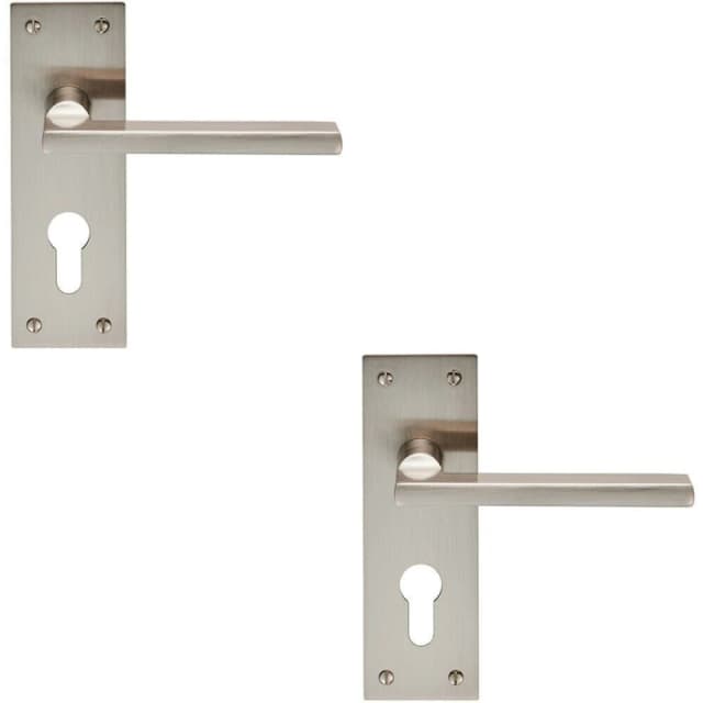 Loops 2x PAIR Straight Bar Handle on Slim Euro Lock Backplate 150 x 50mm Satin Nickel Metallics