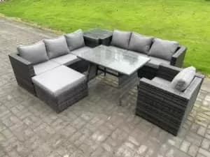 Fimous 7 Seater Outdoor Dark Grey Wicker PE Rattan Lounge Complete Sofa Set with Patio Dining Table and Big Footstool