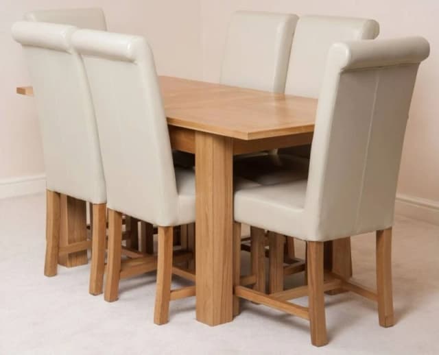 Thats Furniture Hampton 120-160cm Oak Extending Dining Table + 6 Washington Leather Chairs in Cream Cream Unisex