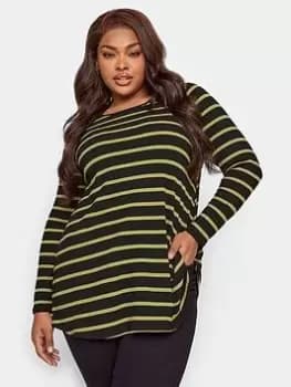 Yours Long Sleeve Rib Swing Stripe Top. Black/chartreuse, Black, Size 16, Women