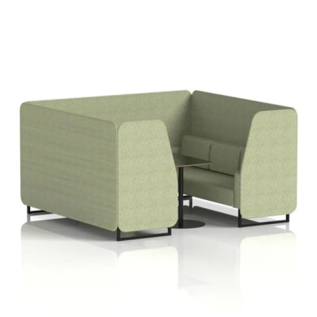 Brixworth 6 Seater Office Booth with Front Panel - Black Legs and Black Table with Black Leg in Rivet Fabric - Burnish Panels and Sofa