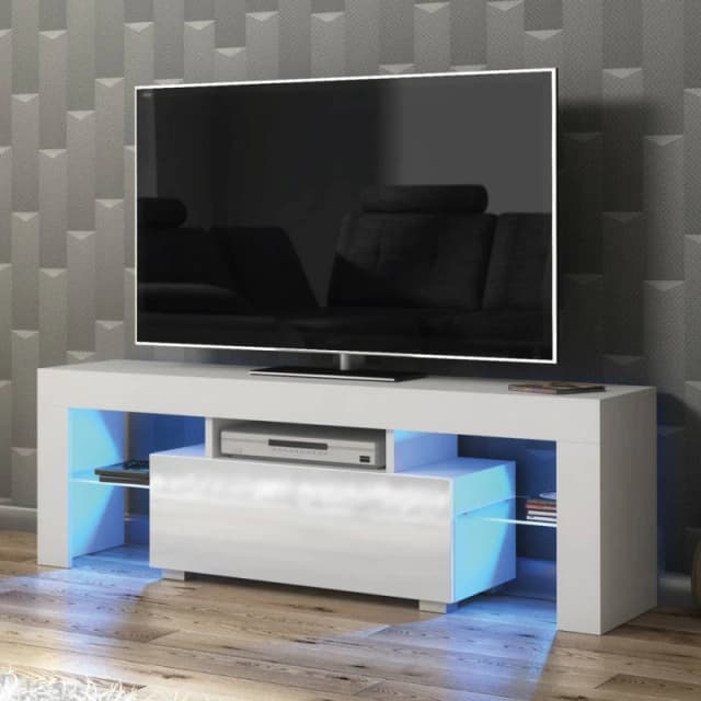 Creative Furniture Floe TV Unit 130cm - White with Gloss Doors & LED Lights White Unisex