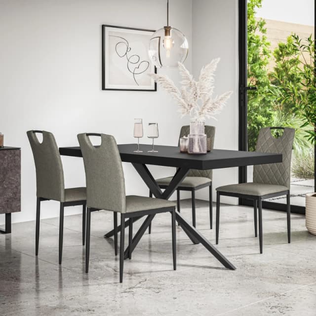 More4Homes Donni Dining Table And Chairs - Black Table Top W Black Legs + Monza Linen Dining Chair Set Of 6 (Grey)