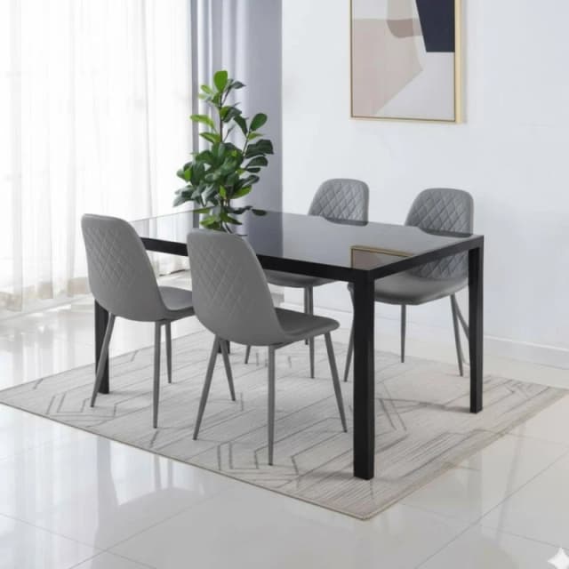 KOSY KOALA Modern Black Glass Dining Table Set with 4 Grey Dining Chairs Size: 120cm x 70cm Black Unisex 120cm x 70 cm