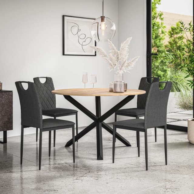 More4Homes Malvern Round Dining Table And Chairs - Oak Table Top W Solid Oak Black Legs + Monza Fabric Dining Chair Set Of 4 (Charcoal)