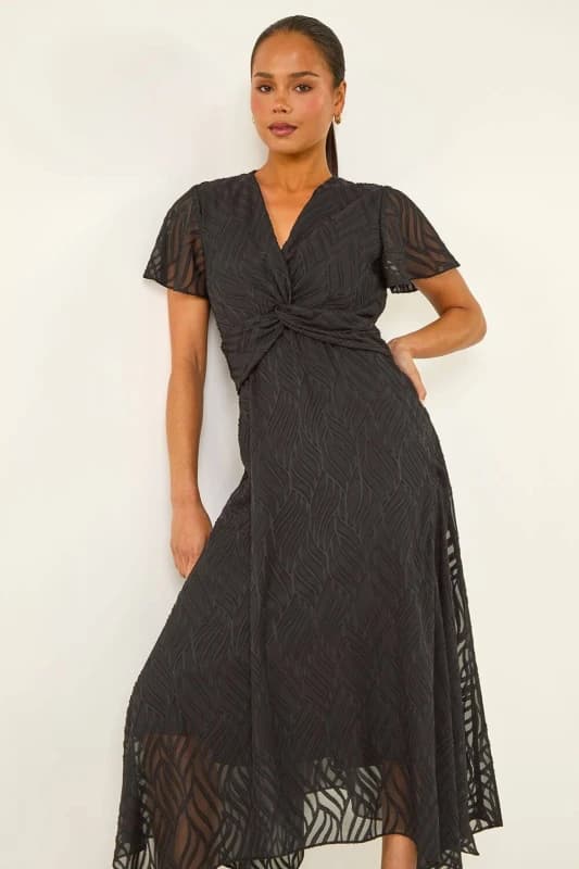 Roman Womens Petite Front Twist Jacquard Dress in Black Size: 14 Black Female 14