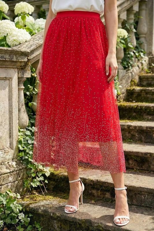 Roman Womens Polka Dot Print Elasticated Mesh Skirt in Red Size: 12 Red Female 12